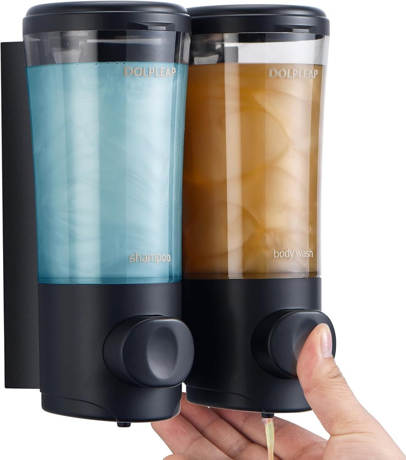 DOLPLEAP Shampoo Conditioner Body Wash Dispenser No Drill Shower Soap Dispenser Wall Mounted Shampoo Dispenser 2 Chamber with Upgrade Pump Head Bathroom Soap Dispenser 450ml/Each Black - Image 1